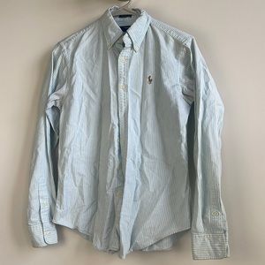 Long sleeve Polo button down with light blue and white lines
